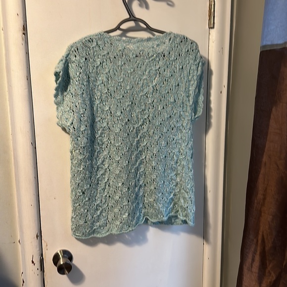 Hand made crochet top. Light blue ish turquoise with sparkles.PTP 23” long 25” - Picture 6 of 6